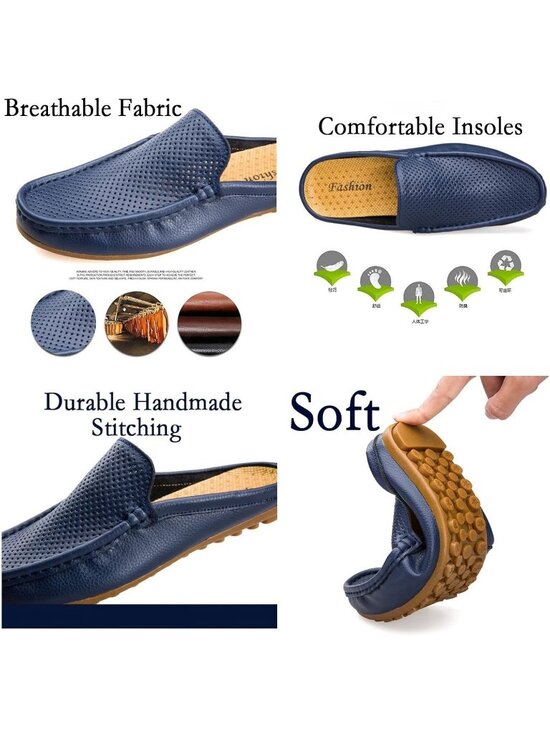 Fashion Men\'s Black Hollow Leather Loafer Round Toe Flat Slip On Casual Slippers